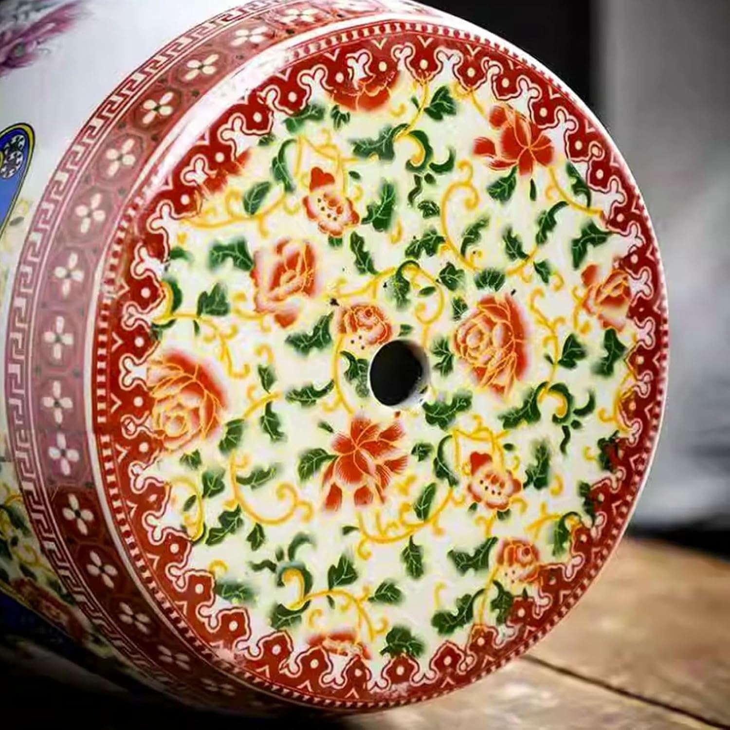 Ceramic Decorative Garden Stool, Ceramic Drum Garden Stool, Decorative Garden Stool Glazed, Chinoiserie Ceramic Drum Garden Stool with Floral Design