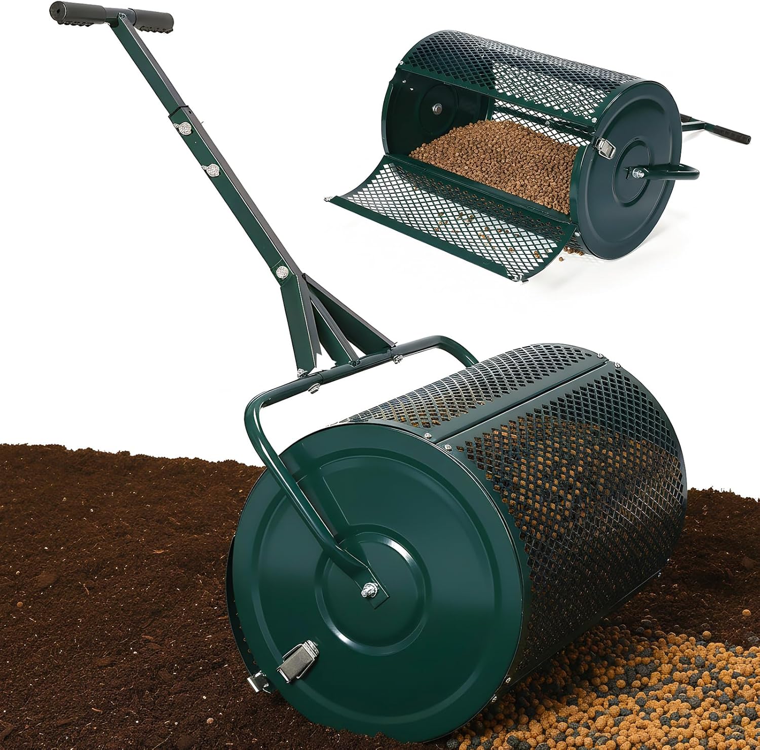 23.6 Inch Heavy-Duty Compost Spreader Height Adjustable Handle Lightweight Metal Mesh with Side Latches for Lawn Garden Spreading Manure Topsoil