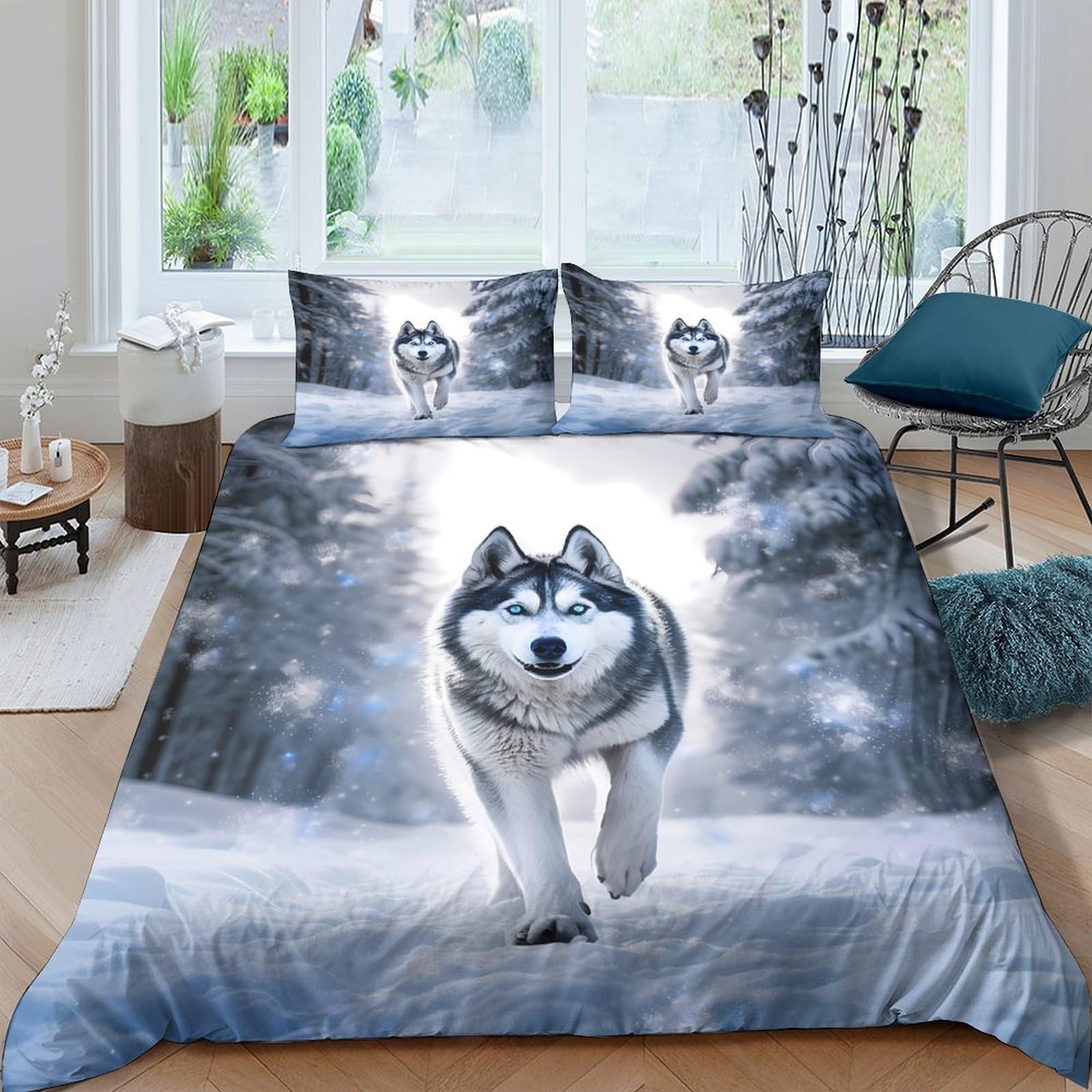 Ctjqhvkz Style-4 3D Printed Husky Snow Forest Fitted Sheet Microfiber Bed Cover Washable Anti-Slip For Bedroom Dorm Home Décor Single（135X200cm）