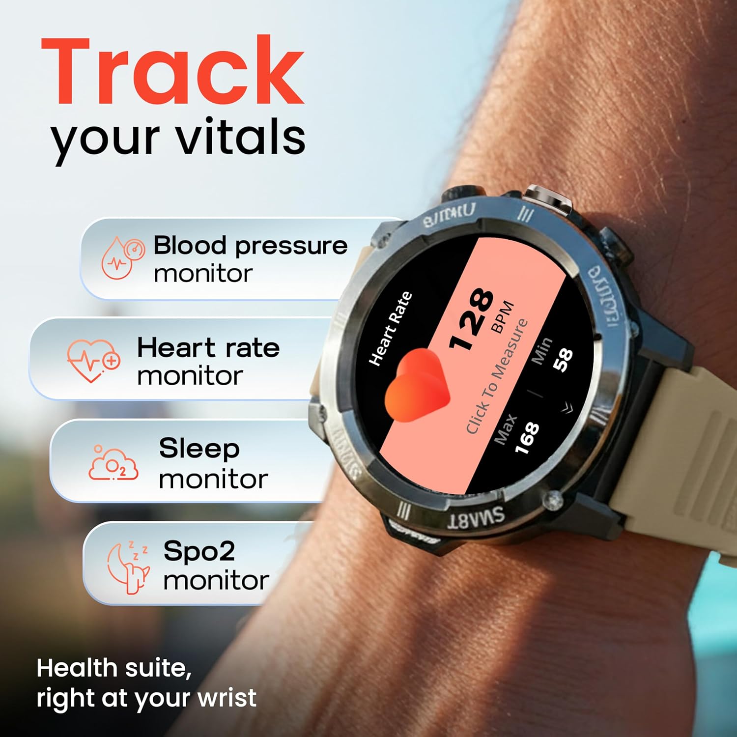 GOBOULT Tuff Hawk Smart Watch displaying health metrics including blood pressure, heart rate, sleep, and SpO2 monitoring.