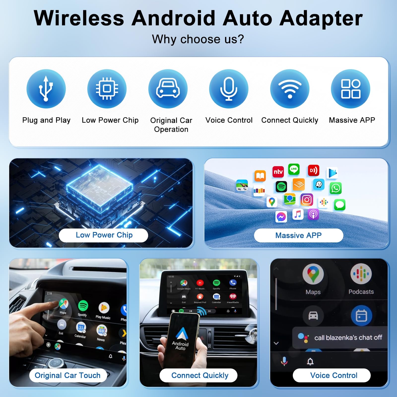 Bezprzewodowy adapter Android Auto, USB C/USB Dongle do przewodowego radia samochodowego OEM, bezprzewodowy adapter kompatybilny z 98% samochodów