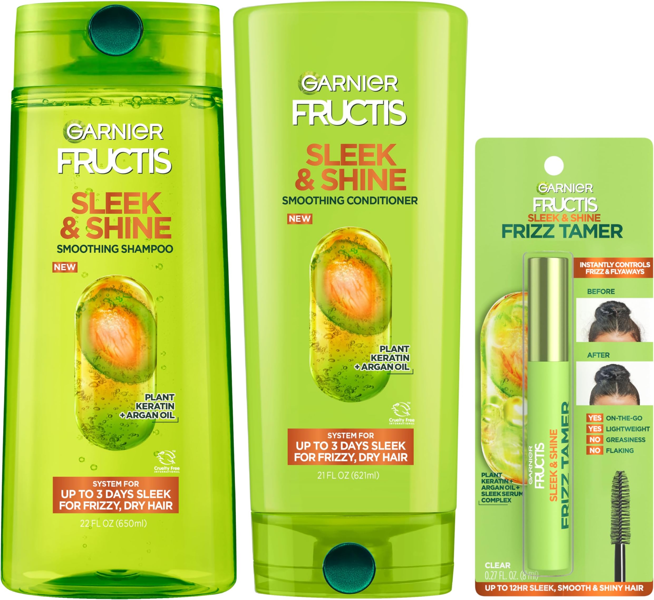 Garnier Fructis Sleek & Shine Shampoo (22 Fl Oz), Conditioner (21 Fl Oz) + Frizz Tamer (0.28 Fl Oz) Set for Frizzy, Dry Hair, Plant Keratin (3 Items), 1 Kit (Packaging May Vary)
