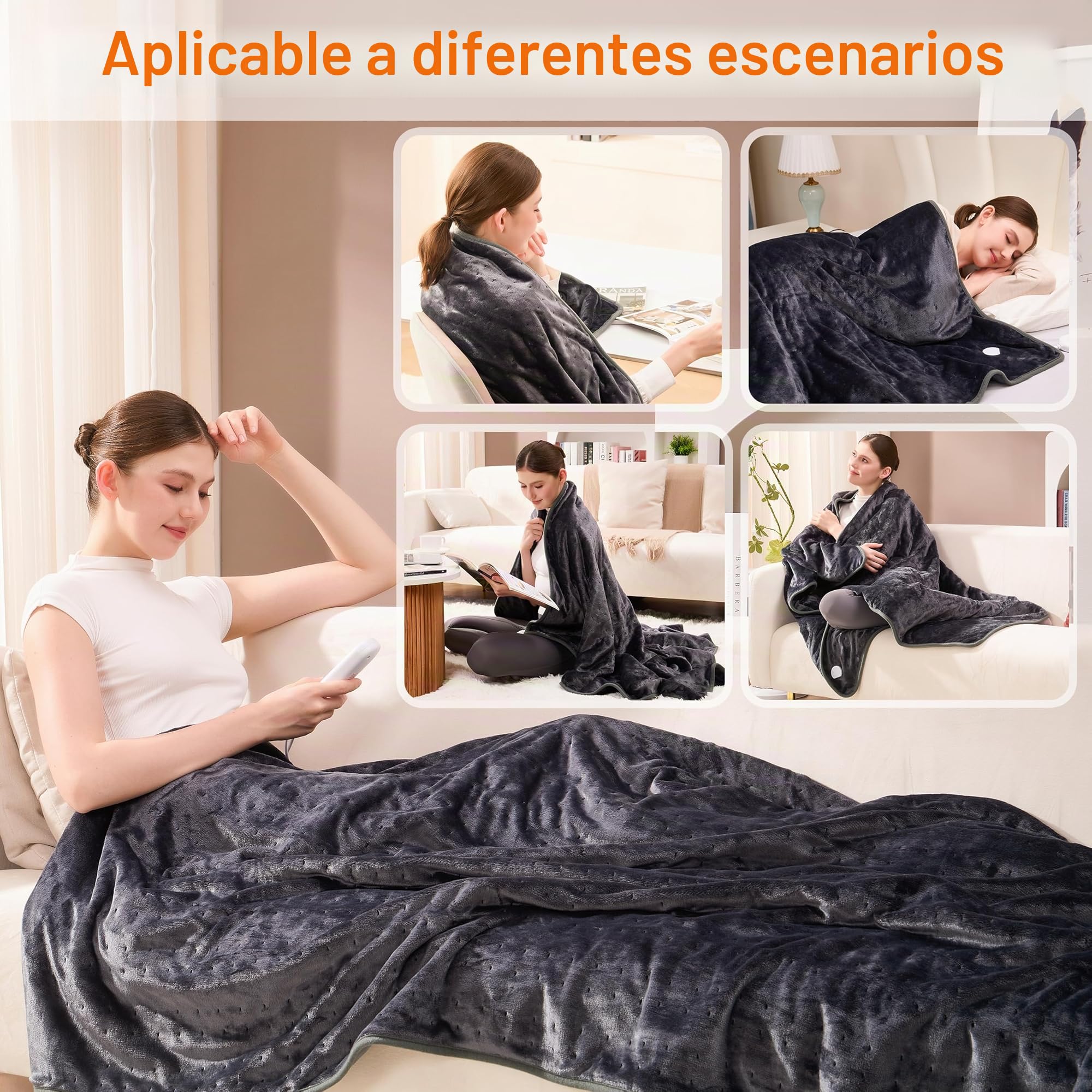 Manta Eléctrica de Franela Suave, Protección contra Sobrecalentamiento, Manta Térmica Lavable a Máquina con Temporizador de 12 Horas y 6 Configuraciones de Calor (Gris Oscuro, 160×120cm)
