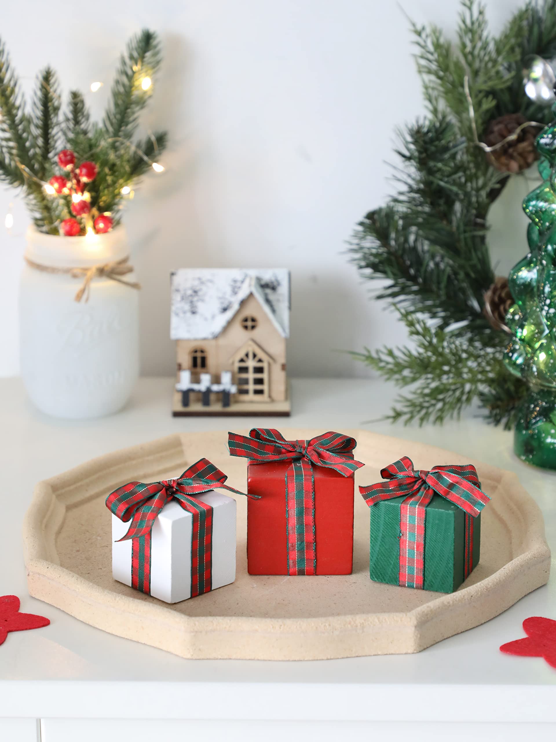 Juego de 3 bandejas escalonadas de Navidad para decoración de mesa pequeña de madera (Buffalo Plaid 1)