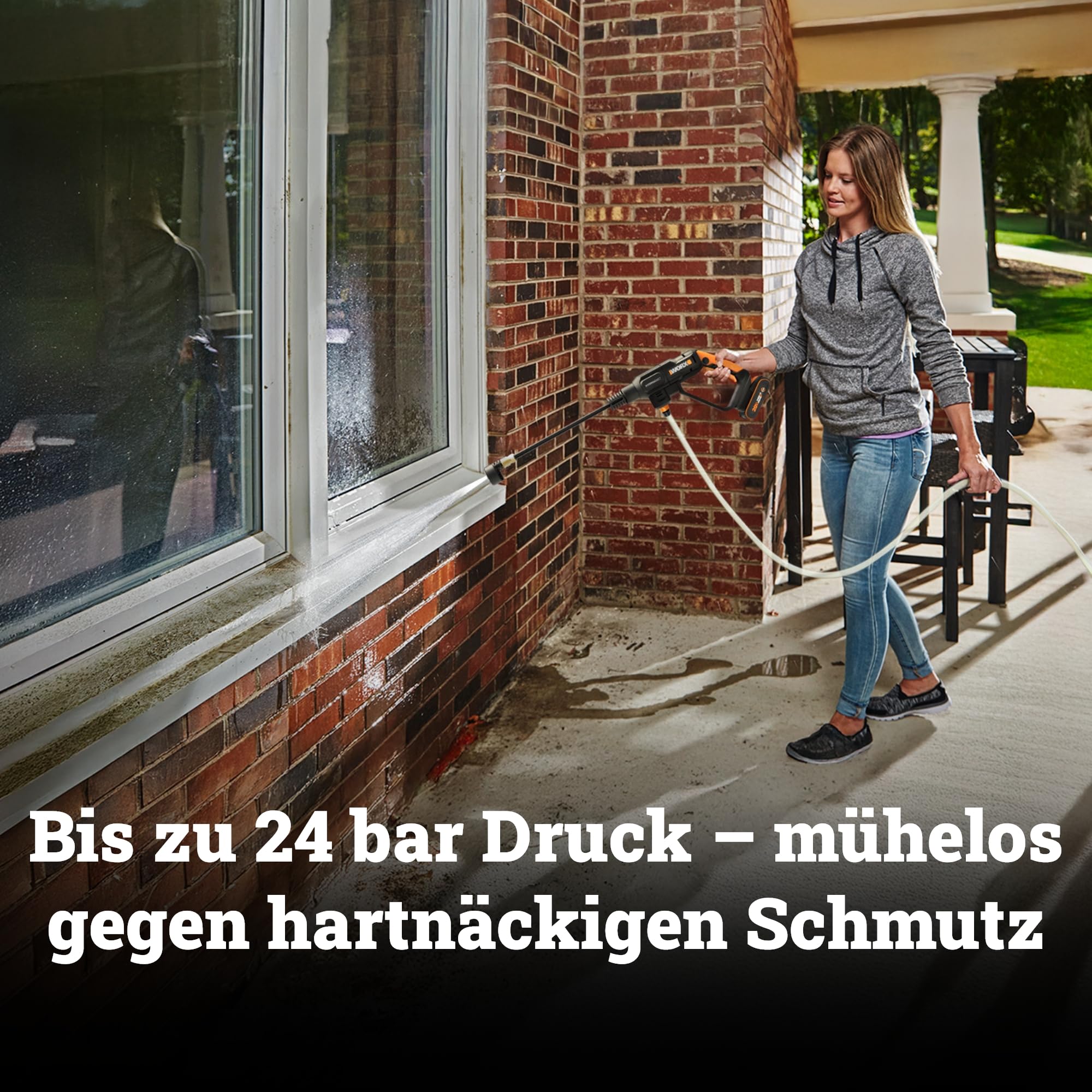 WORX WG621E Akku Hochdruckreiniger 20V, 24 bar, 185 l/h, selbstansaugend, 5 Sprühmodi Dank 5-in-1 Düse, 5m Schlauch (inkl. 2Ah Akku & Ladegerät)