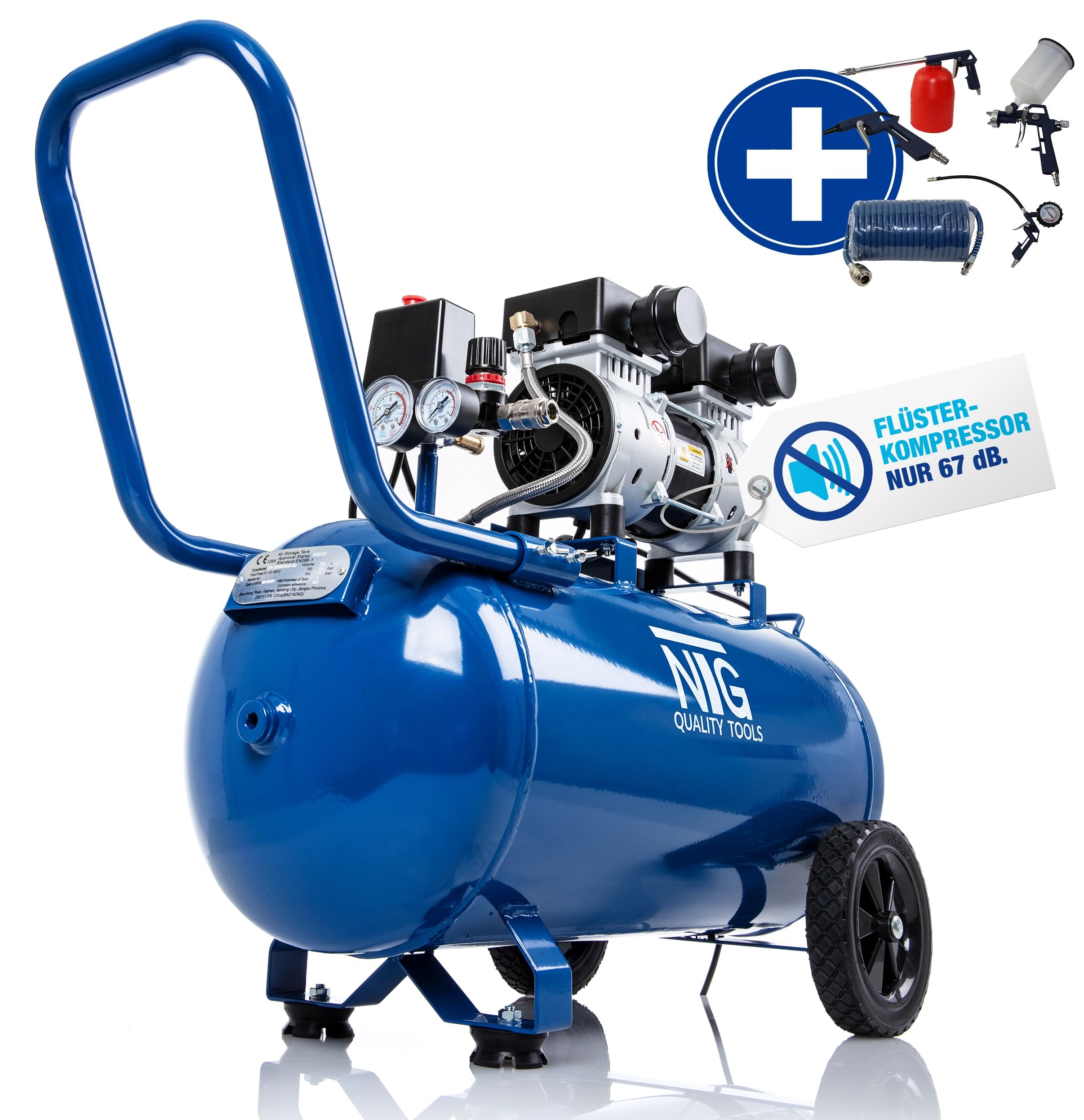 NTG Silent Compressor 9 bar | tanque 50 litros | potencia potente 1470 W | Sin aceite | particularmente silencioso y flexible para usar con manómetro y regulador de presión Tanque de 50 litros