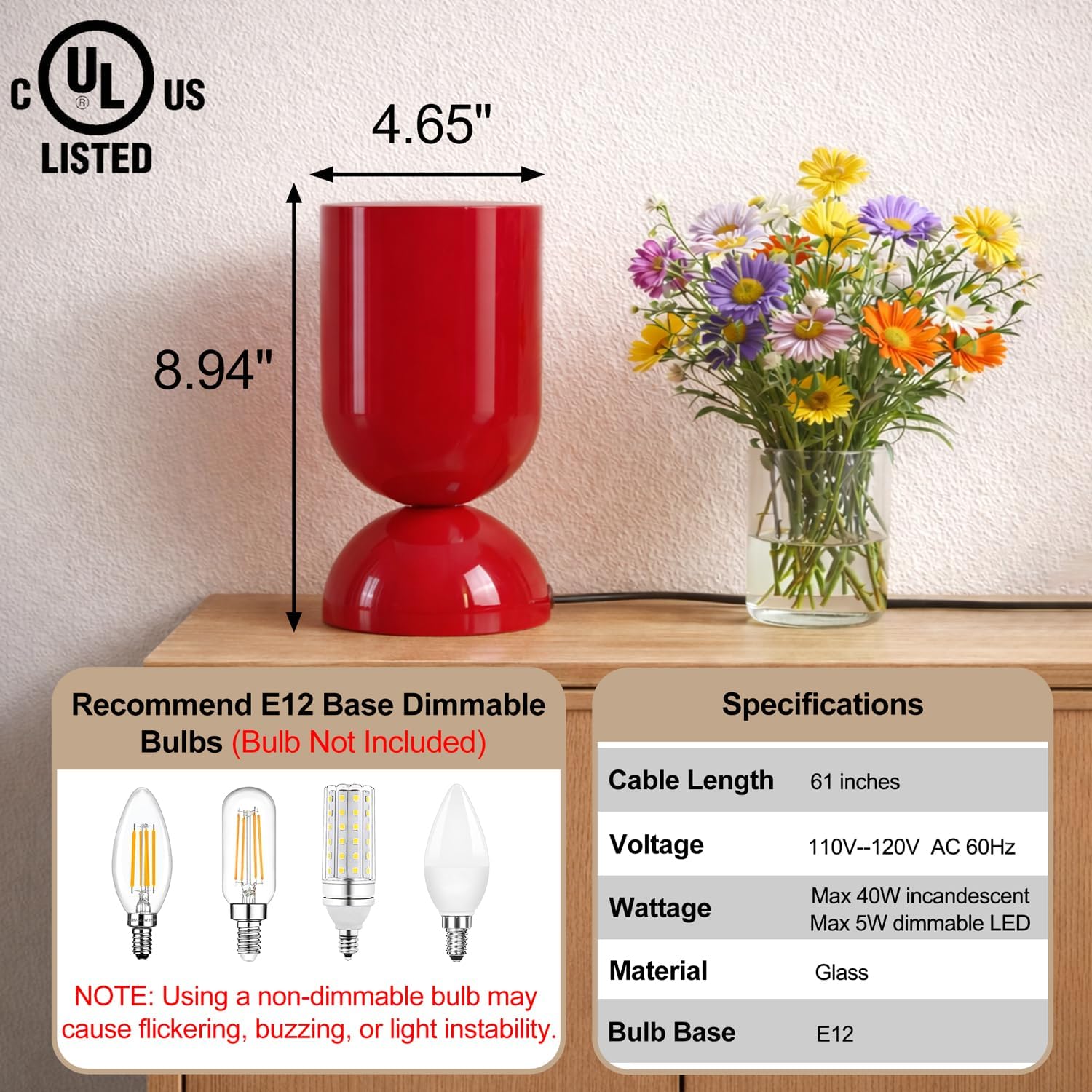 8.9'' Modern Glass Table Lamp, Dimmable Bedside & Desk Lamp for Living Room and Bedroom, UL Listed Nightstand Lamp with Dome Base, Home Decor for Office, Dorm, Side Table, Glossy Red