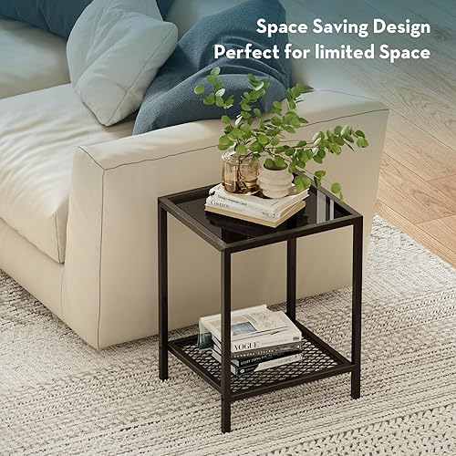 Miniatura 5 de SAYGOER Mesa auxiliar negra pequeña de vidrio de 2 niveles, mesas auxiliares cuadradas estrechas para cama, 13.4 x 11.8 x 19.7 pulgadas, sofá 2-Mesa