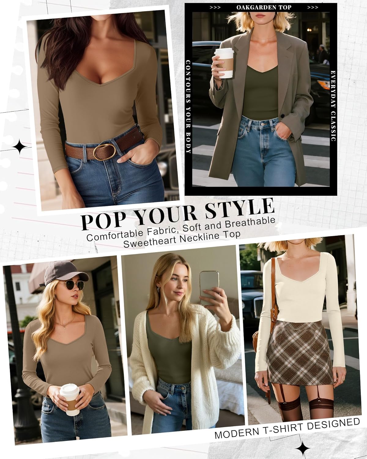 3 Pack Women's Long Sleeve Tops, Sweetheart Neck Knit Basic Shirts Slim Fit Casual Fall Going Out Tee - Image 6