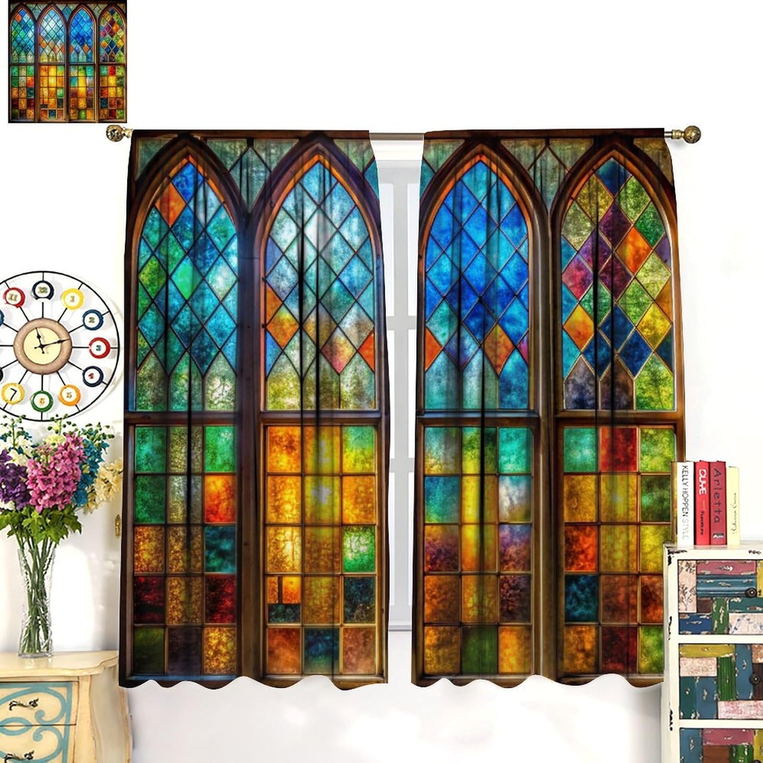Stained Glass Curtains, Vintage Mid Century Church Old Glass Window Print Drapes for Kitchen Dinning Room Bedroom Living Room Office Window Treatment, 63x63 Inch