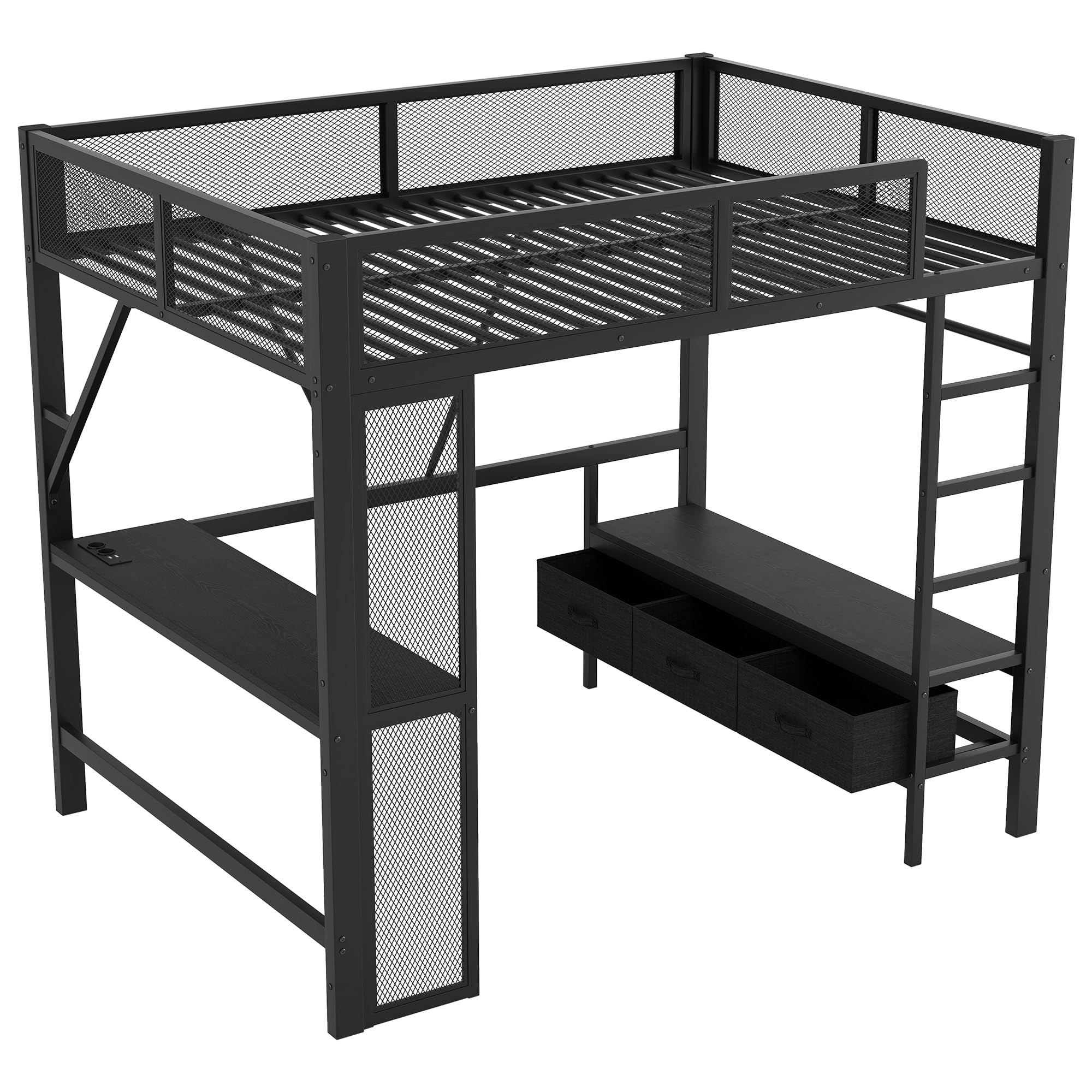 Lit Mezzanine 140x200 cm avec Port USB et Eclairage LED, Lit Bureau avec Armoire Ouverte et 3 Tiroirs à Linge, Lit Hauteur Enfant avec Bureau en Métal, Gain de Place (Noir)