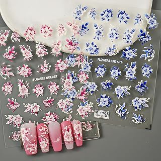 Flower Nail Art Stickers Decals 5D Embossed Self Adhesive Spring Summer Nail Stickers for Nail Art Floral Nail Decals Blue Pink Flower Nail Design Decoration Accessories for Women and Girls