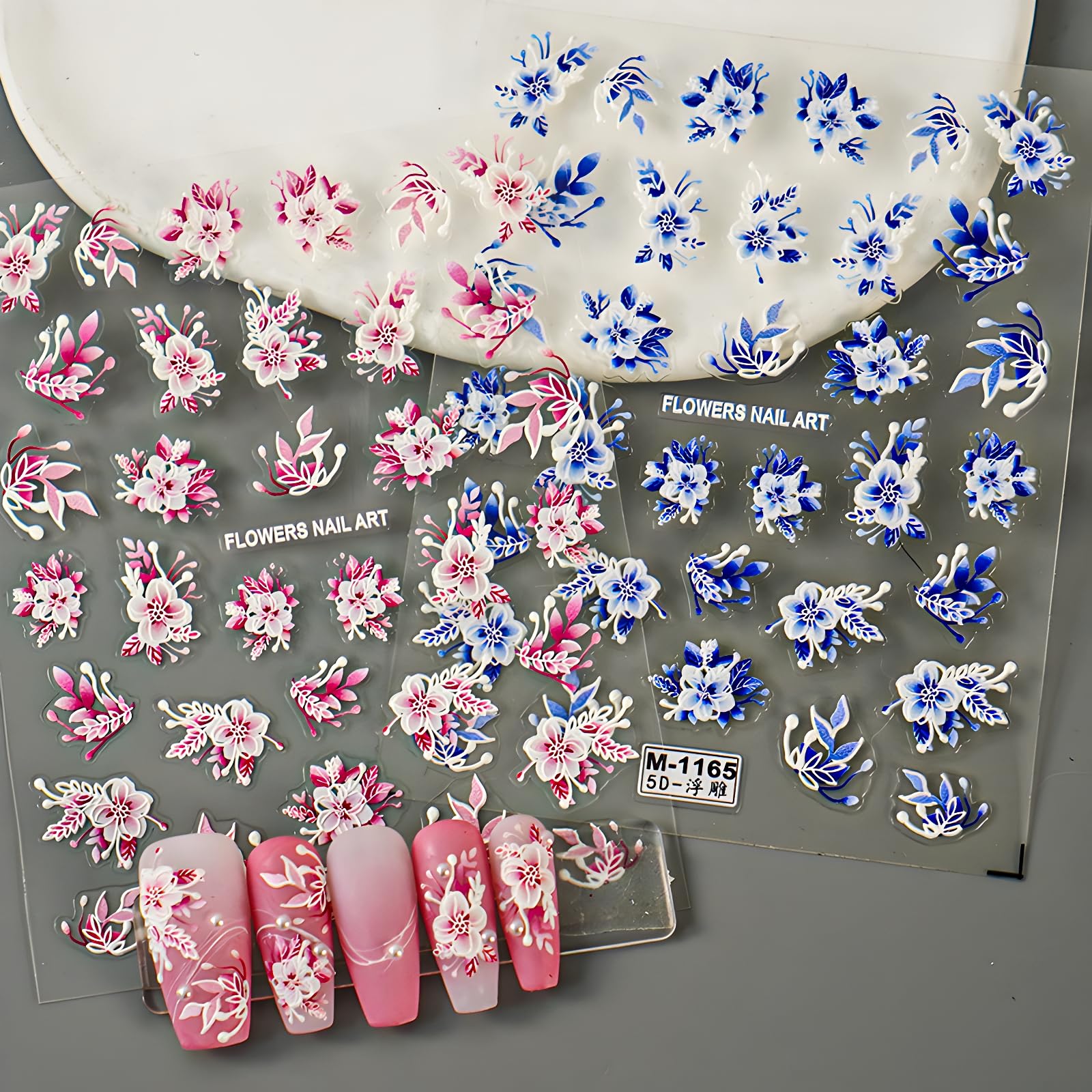 Flower Nail Art Stickers Decals 5D Embossed Self Adhesive Spring Summer Nail Stickers for Nail Art Floral Nail Decals Blue Pink Flower Nail Design