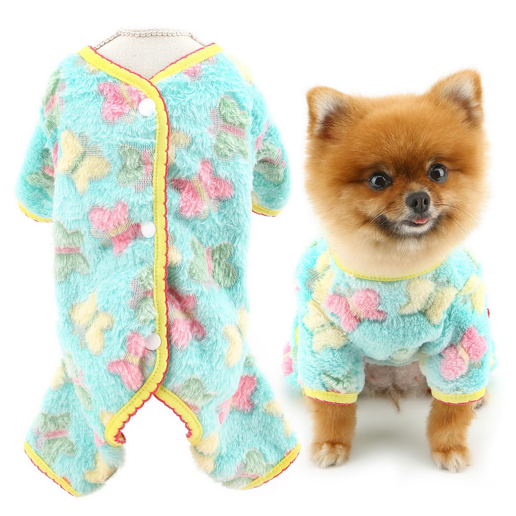 SMALLLEE_LUCKY_STORE Plush Fleece Dog Pajamas for Small Dog Pet Pyjamas with Butterflies Pattern Soft Puppy Pjs Warm Fall Winter Outfits Cat Chihuahua Yorkie Clothes, Green, S