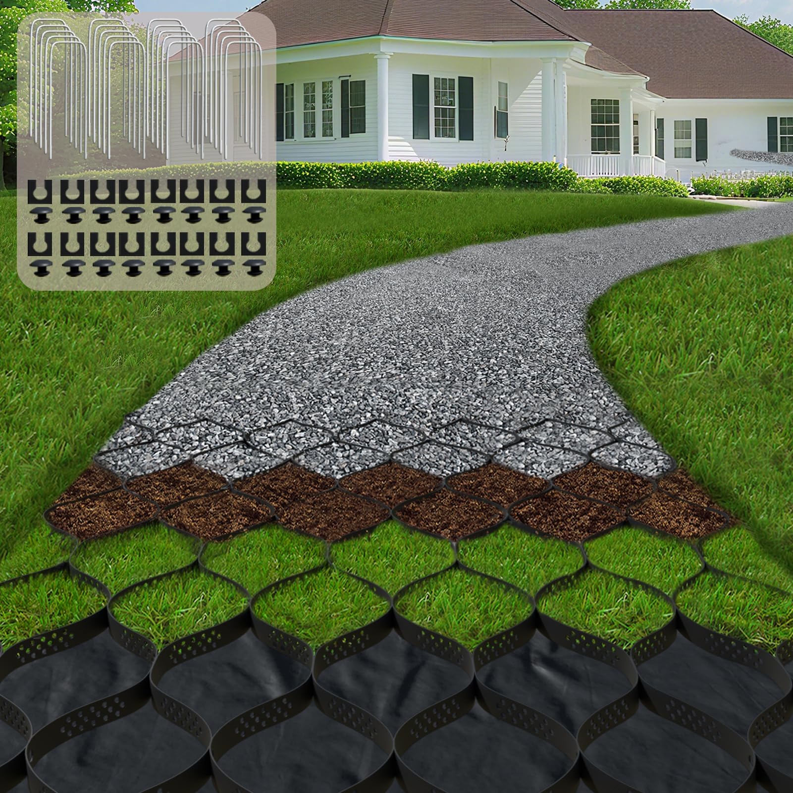 2" Thick Gravel Ground Grid 9ft x 17ft - Geo Grid Driveway Stabilization Grids, Gravel Retainer Grid 1800 LBS Per Sq ft, Geocell Paver System for Walkway Driving RV Parking Slopes and Garden