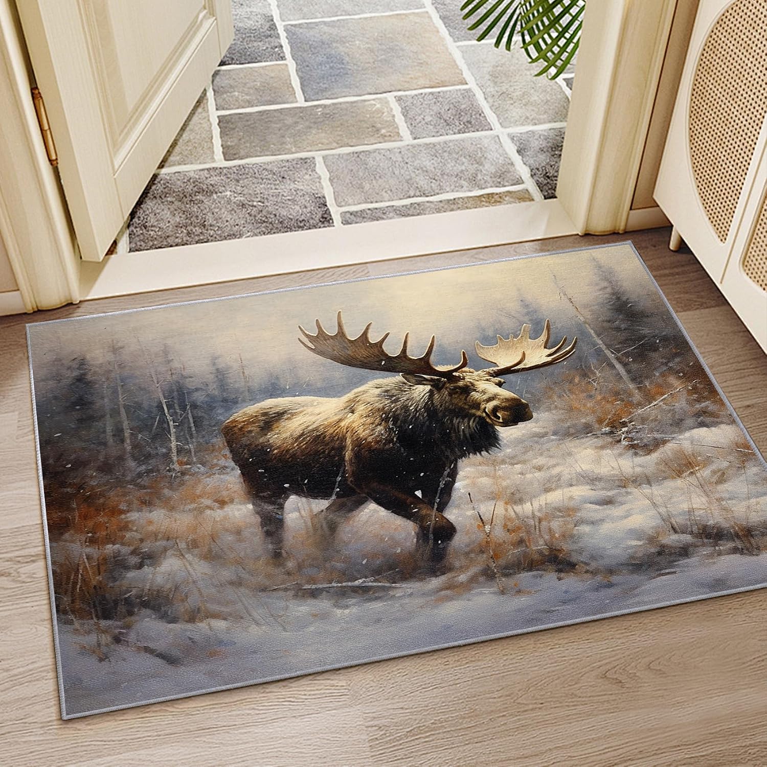 Moose Rug 5x7 - Moose Rug, 5x7 Rug, Cabin Animal Nature Scene Rustic Area Rug, Forest Wildlife Carpet, Washable & Non Slip & Soft Large Rugs, Moose Home Decor Gifts