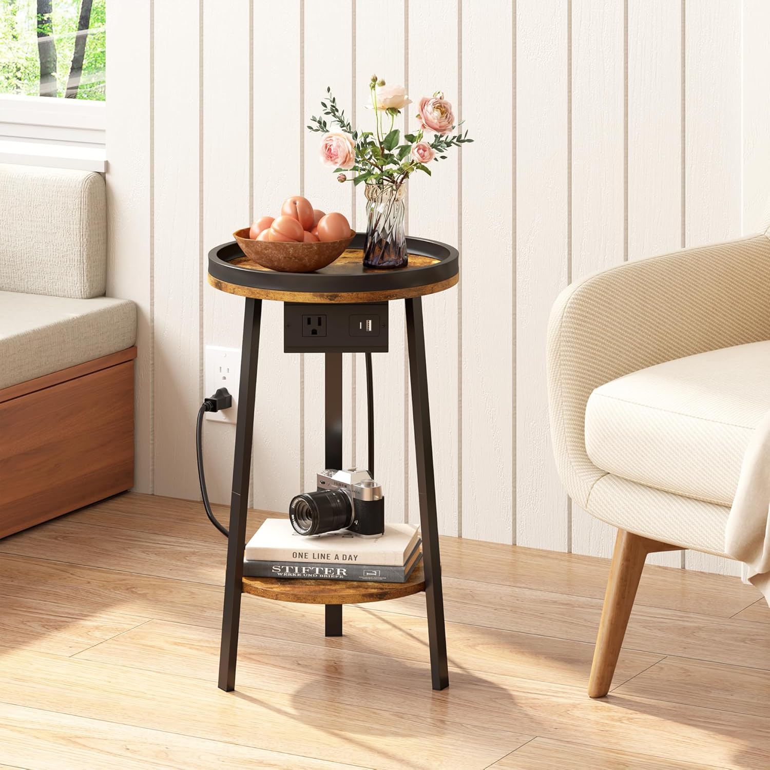 Industrial Round End Table with Charging Station,2-Tier Side Table with AC Outlet & USB Port, Sofa Side Table with Storage Shelf for Small Spaces, Living Room, Bedroom, Rustic Brown & Black