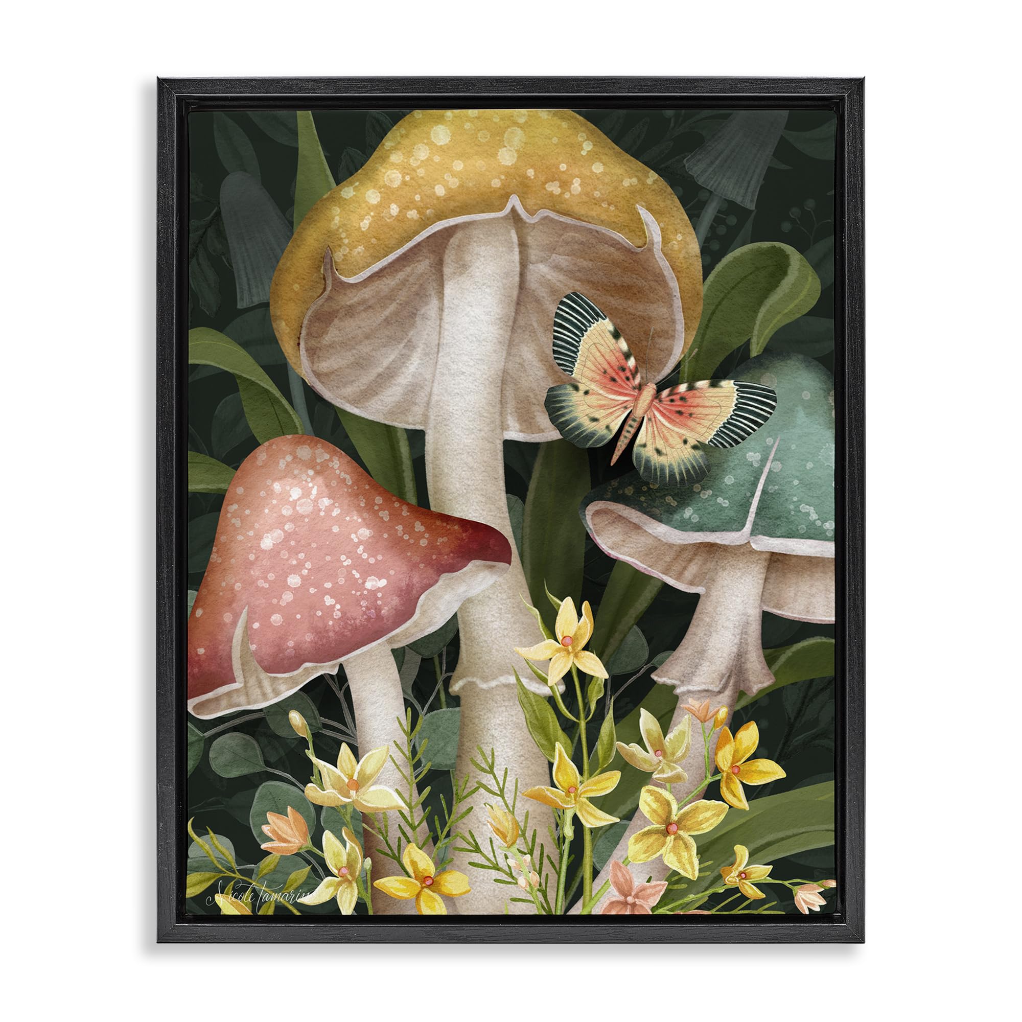 Stupell Industries Jet Black (Matte) 'Midnight Garden Mushrooms'| Floating Frame Canvas Art