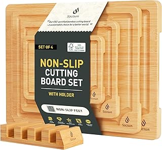 Bamboo Cutting Board Set Non Slip Feet with Holder Over Sink Adult Women...