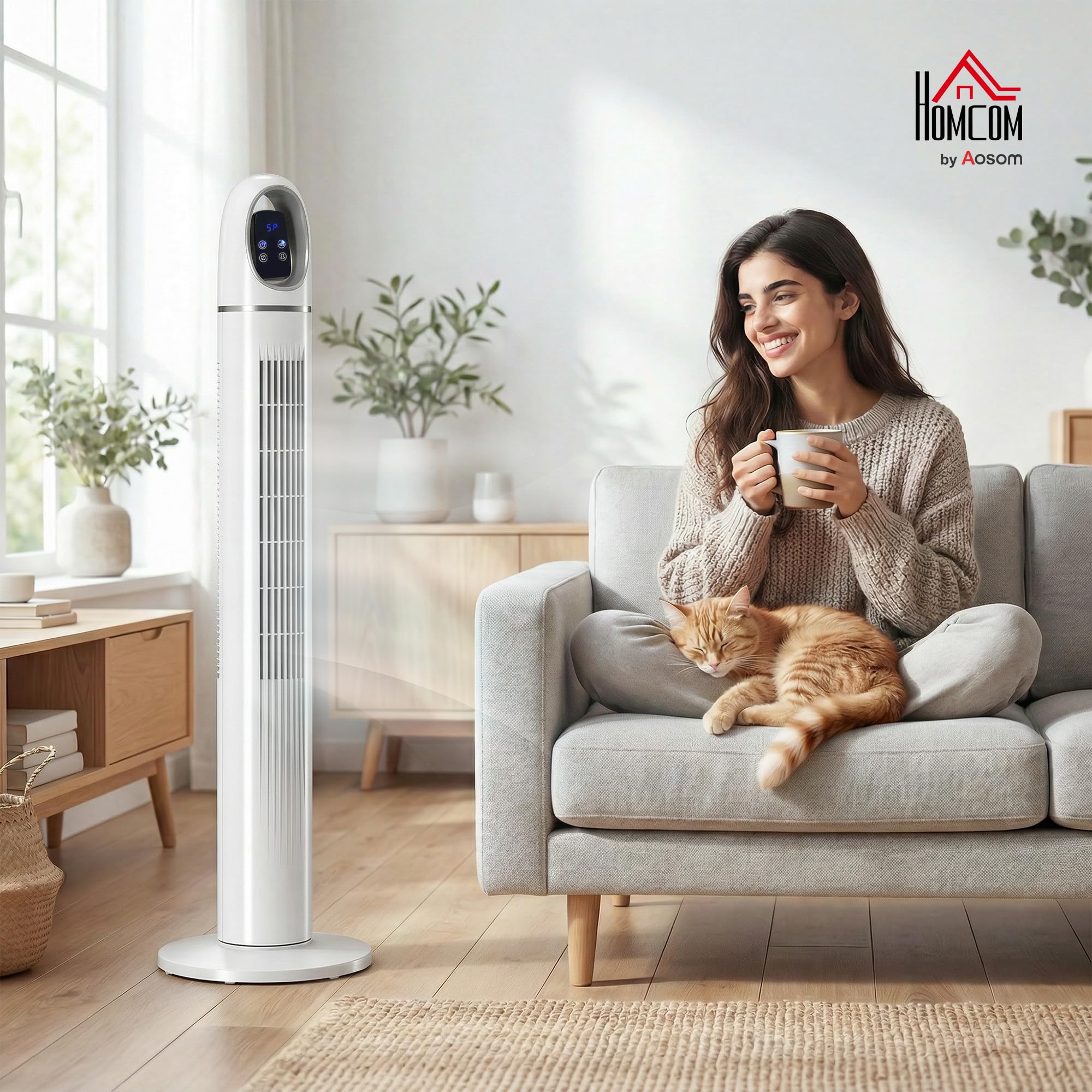 HOMCOM Ventilatore a Torre per Camera da Letto con 4 Modalità, 3 Velocità, Ventilatore da Pavimento Oscillante a 70°, Display LED, Timer 24 Ore e Telecomando, 110 cm, Bianco