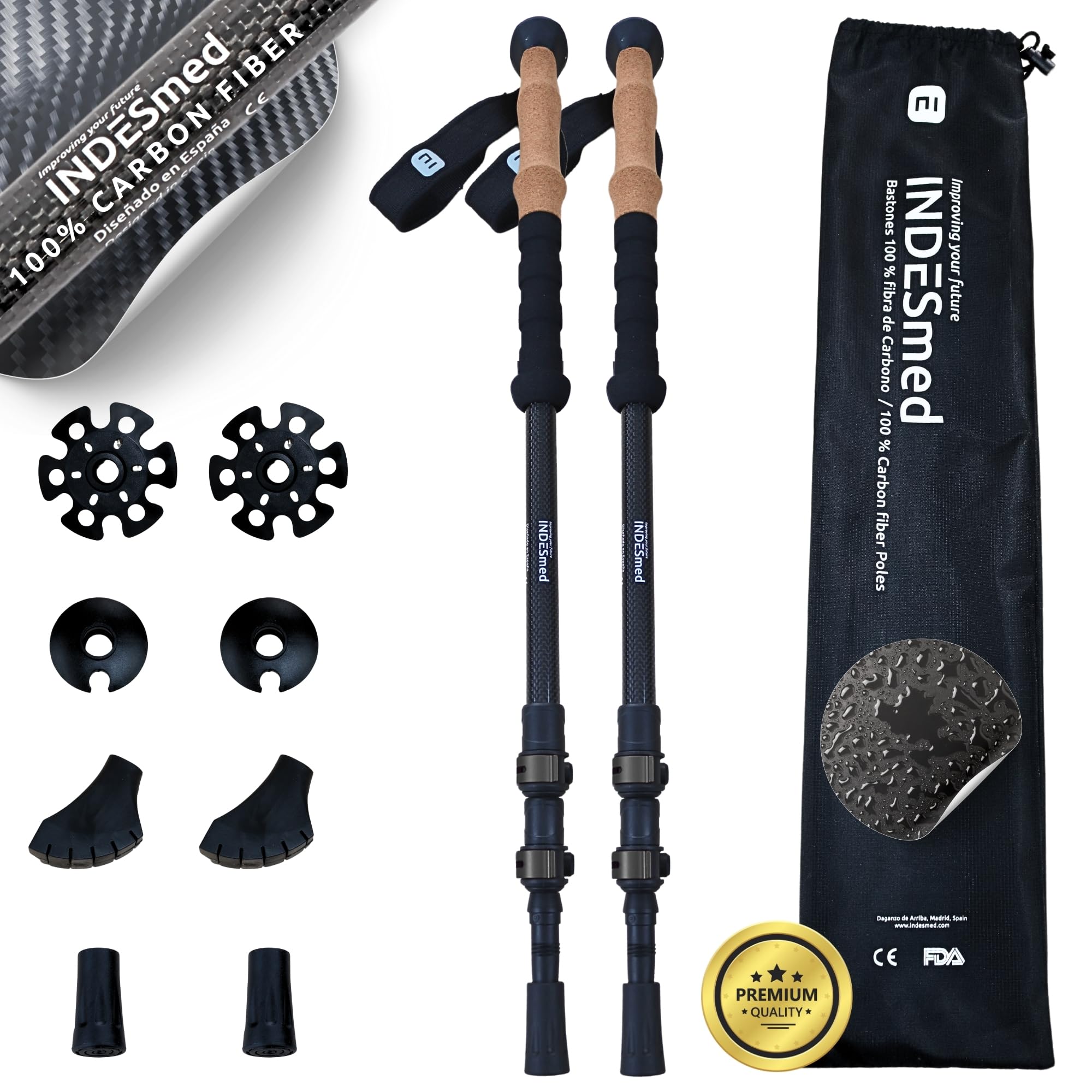 INDESmed | Bastones de Trekking 100% Fibra de Carbono – Ultraligeros, Telescópicos y Ajustables con Cierre Metálico Rápido | Bastones de Senderismo para Montaña, Trail Running y Nordic Walking
