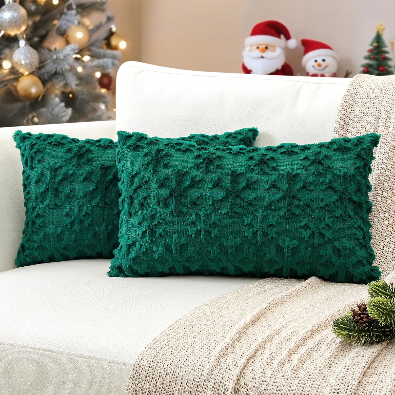 JOTOM Green Snowflake Winter Christmas Cushion Covers 40x60 cm Set of 2 Soft Plush Faux Fur Christmas Decorative Throw Pillow Covers Holiday Pillow Case for Home Bedroom Couch Sofa Decor (Green) — image 1