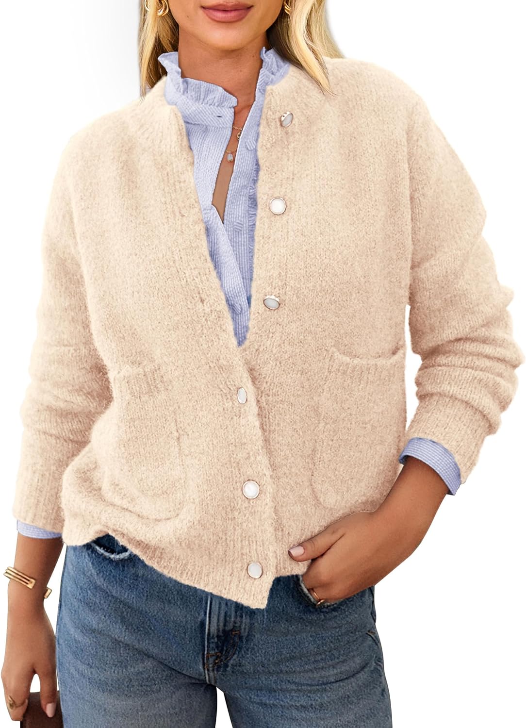 PRETTYGARDEN Women's Knit Cardigan Sweaters Casual Long Sleeve Open Front Button Up Ribbed Fall Spring Sweater Jackets