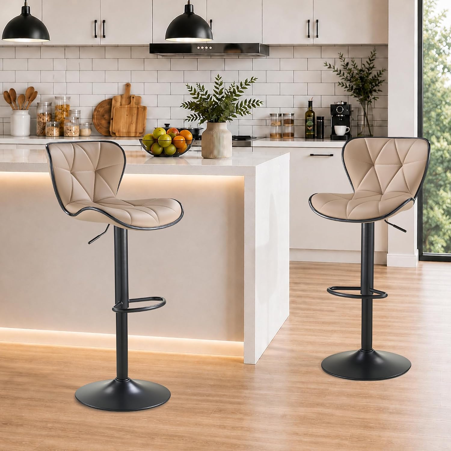 SAETSFEG Bar Stools Set of 2, Comfy Swivel Counter Height Barstools with Back,Adjustable Leather Bar Chairs, Modern Upholstered Armless Kitchen Island Stool, Oatmeal