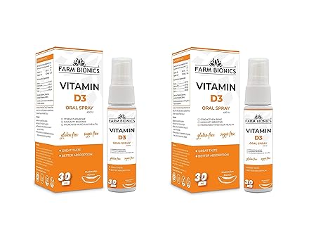 FARM BIONICS Vitamin D3 400 IU Spray Supplement, 30ml | Vitamin D3 Booster Muskmelon Flavour Oral Spray | 100% Vegetarian | Sugar and Gluten Free | Immunity Booster Spray for Men and Women (Pack of 2)