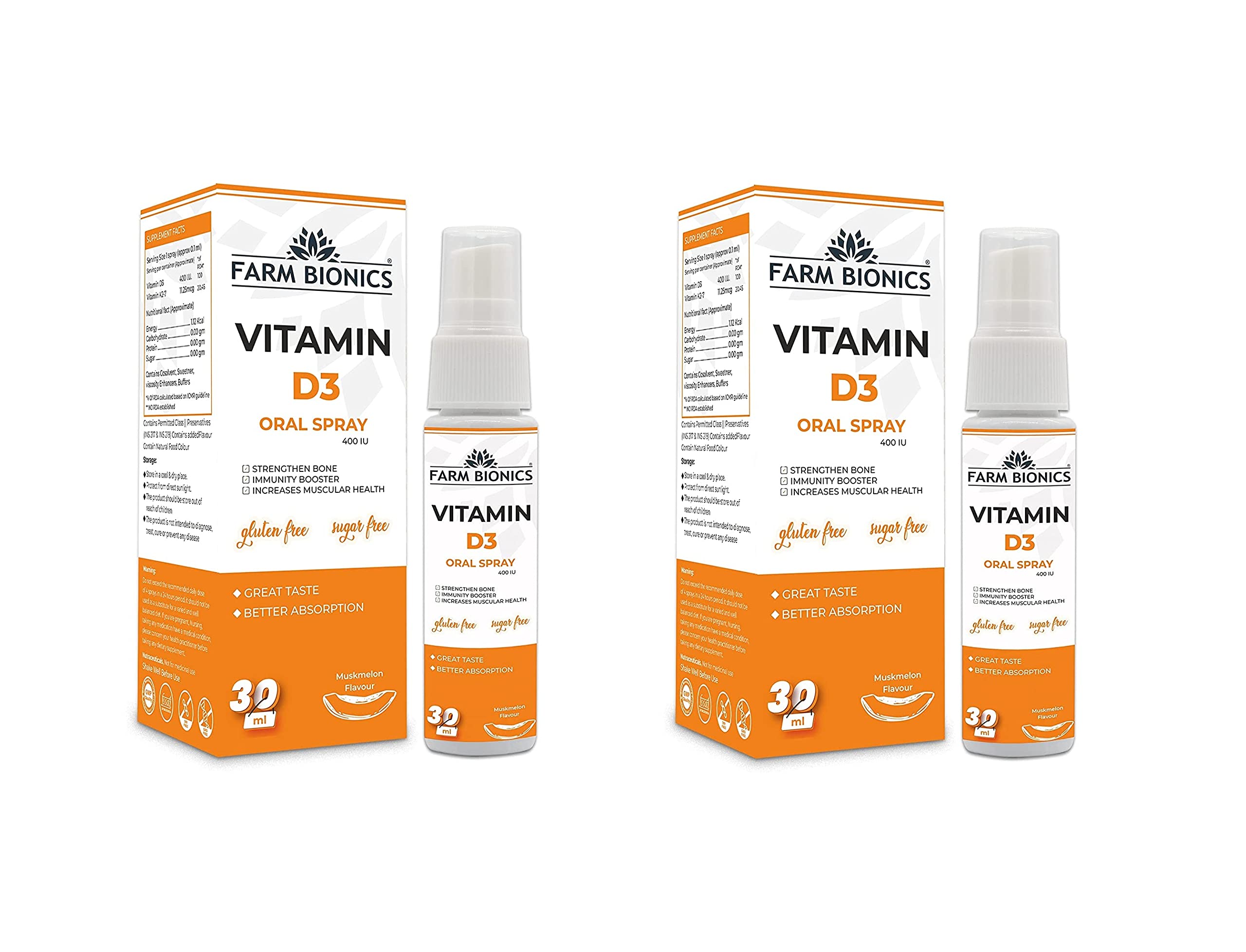 Vitamin D3 400 IU Spray Supplement, 30ml | Vitamin D3 Booster Oral Spray | 100% Vegetarian | Sugar and Gluten Free | Immunity Booster for Men and Women (Muskmelon, Pack of 2)