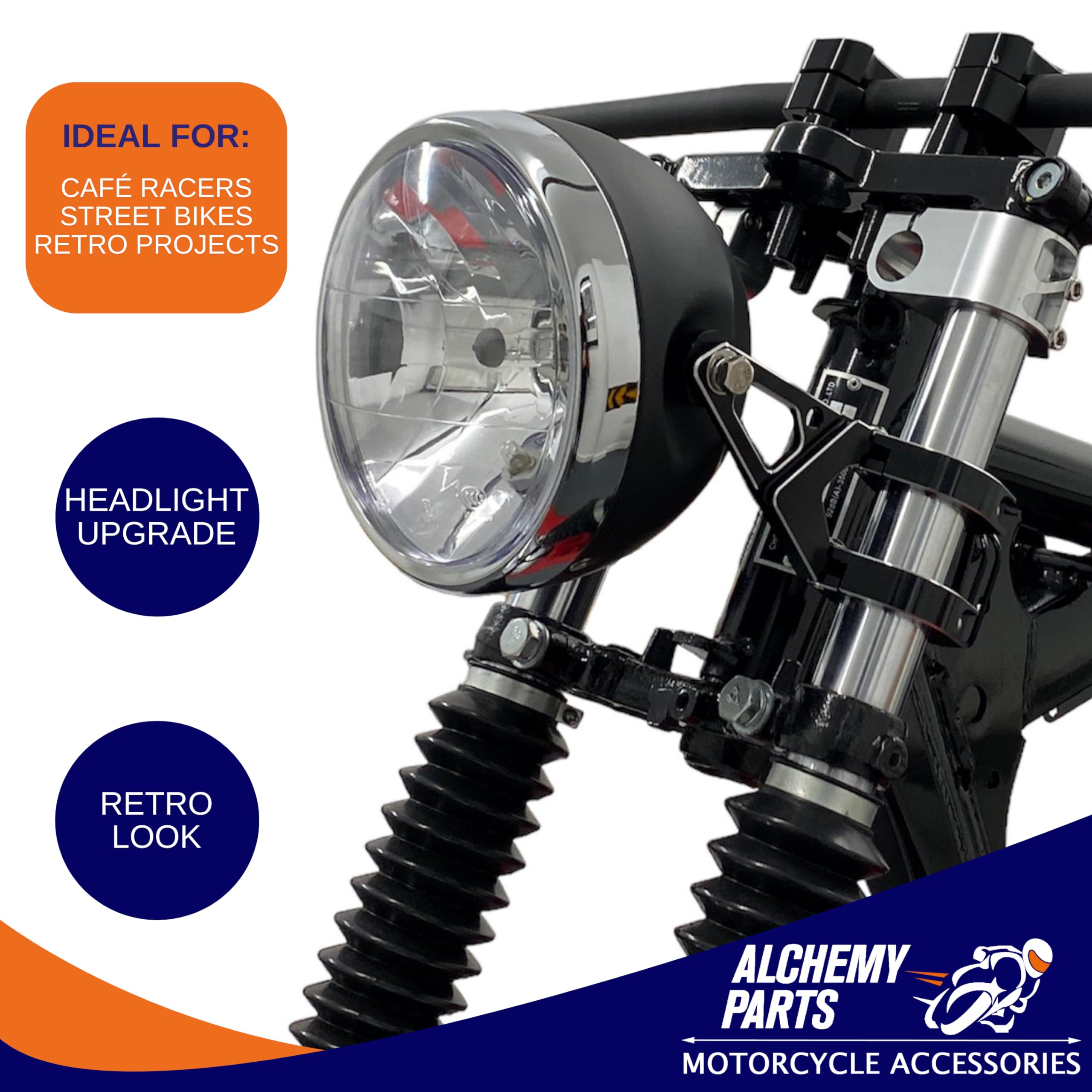 Alchemy Parts - Faro de moto, 165 mm de diámetro, universal para Retro-Café-Racer, Custom Street Bike, Project Roadster, Homologado con E-Prüfzeichen (negro mate con llanta cromada)