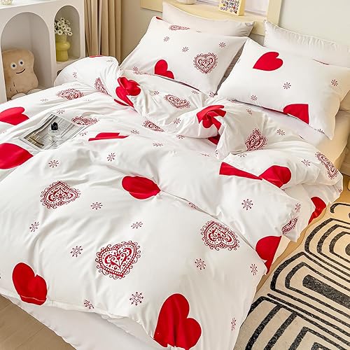 Miniatura 2 de LAMEJOR Juego de funda de edredón blanca tamaño Queen, diseño de corazón rojo y copos de nieve con patrón de copos de nieve, juego de cama suave de