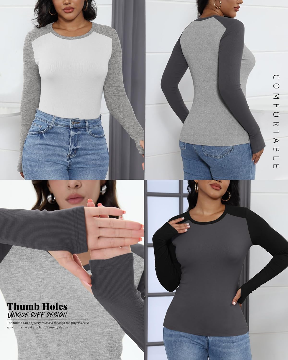 3 Pack Women's Raglan Long Sleeve Shirts, Cotton Color Block Baseball Tee Ribbed Fitted Crew Neck Tops Thumb Holes - Image 5