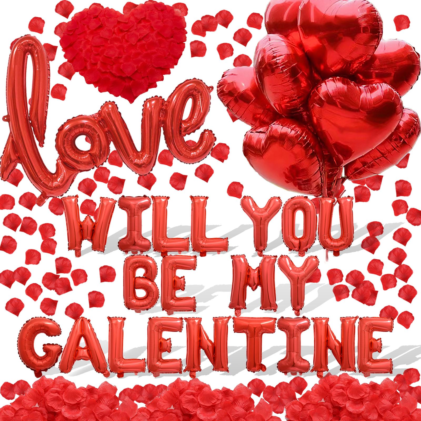 Czerwone balony 'WILL YOU BE MY GALENTINE' na dekoracje walentynkowe - czerwone sztuczne płatki róż 40 cm balon z literami 45 cm balony w kształcie serca szczęśliwy dzień galentyny romantyczny wystrój