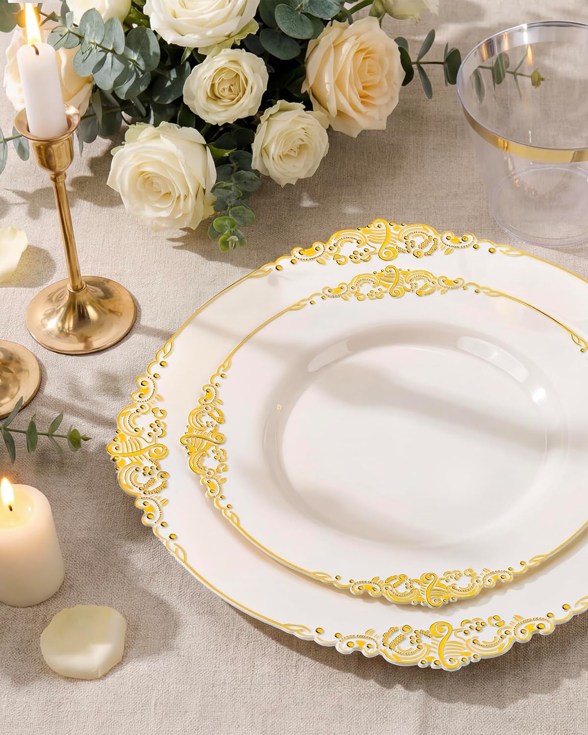 Morejoy 350 PCS Lvory Plastic Plates - Lvory Gold Plastic Dinnerware Set Include 50Dinner Plates, 50Dessert Plates 150Cutlery, 50Cups, 50Napkin Perfect for Party & Wedding