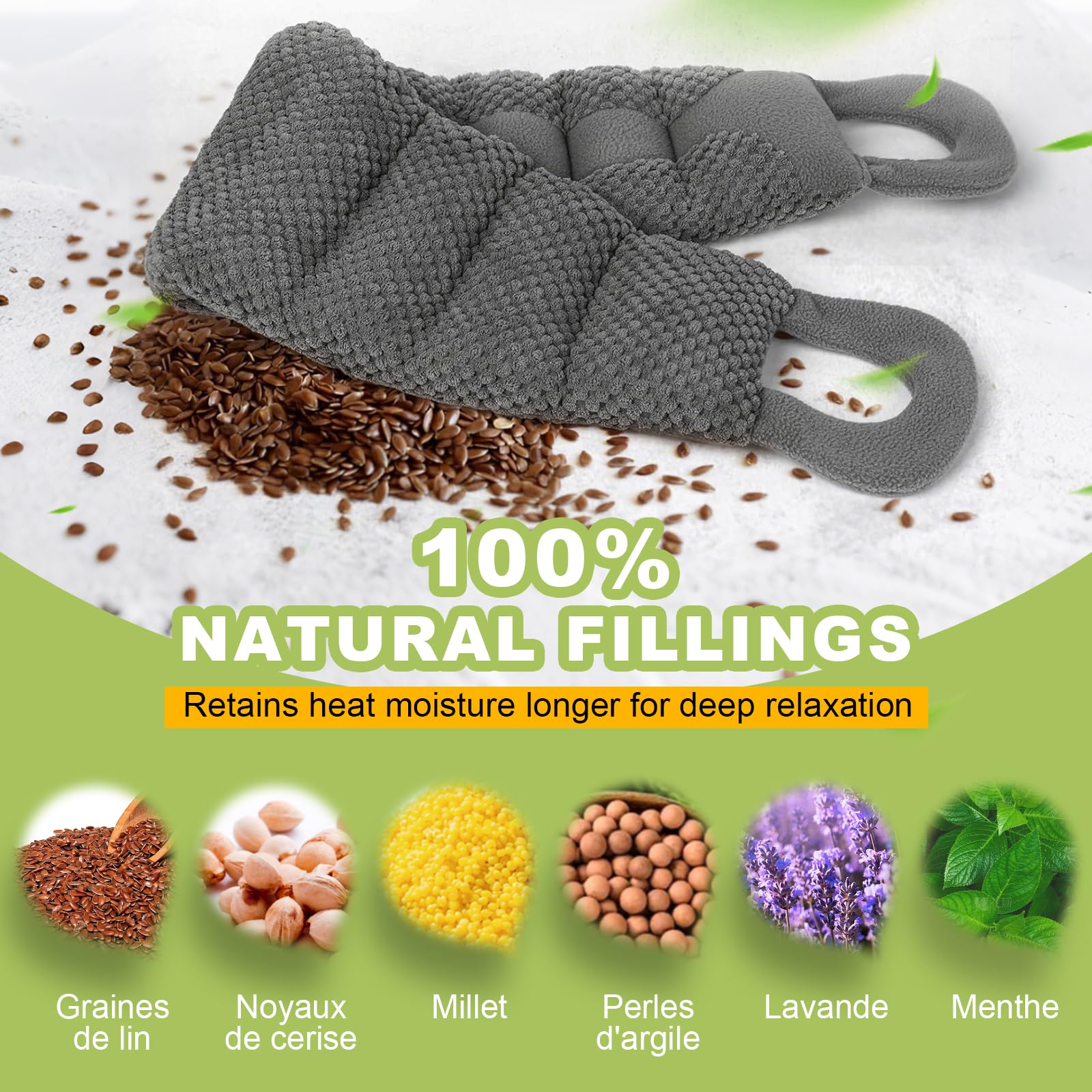 uncn Longue Coussin Chauffant du cou Cervicales Micro Onde 84×15CM, Bouillotte Micro-Onde, graine de lin,noyaux cerises,grande poche chauffante nuque epaule et dos,ventre