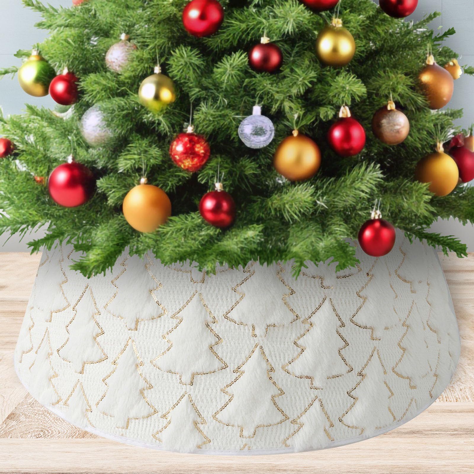 Col de sapin de Noël - Couverture ronde pour sapin de Noël - Couverture en peluche - Pour Noël, fête, vacances d'hiver - Blanc