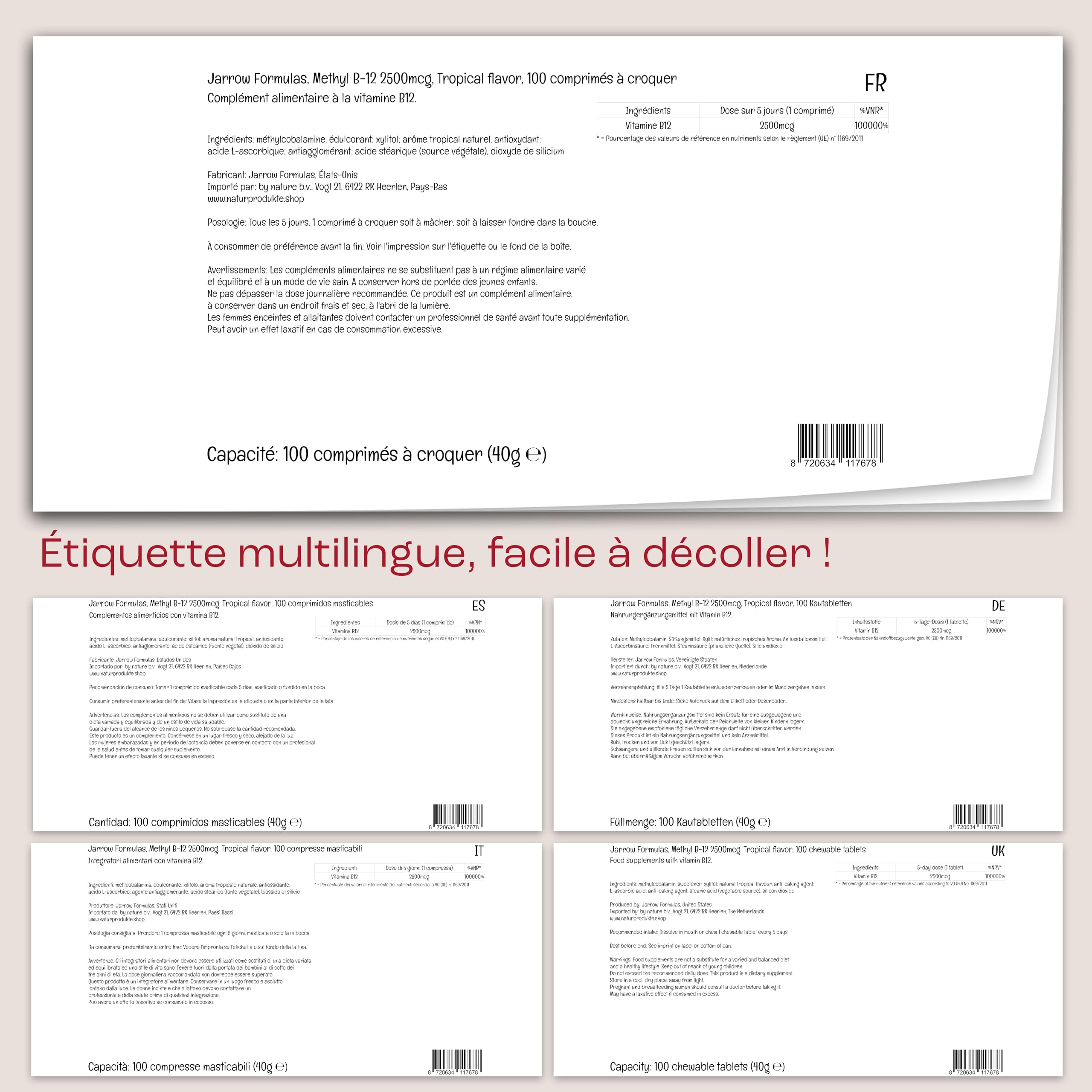 Jarrow Formulas, Méthyl B-12, Méthylcobalamine, 2.500mcg, Dépôt de 5 Jours, Goût Tropical, 100 Comprimés végétaliens, Sans Gluten, Végétarien, Sans Soja, Sans OGM