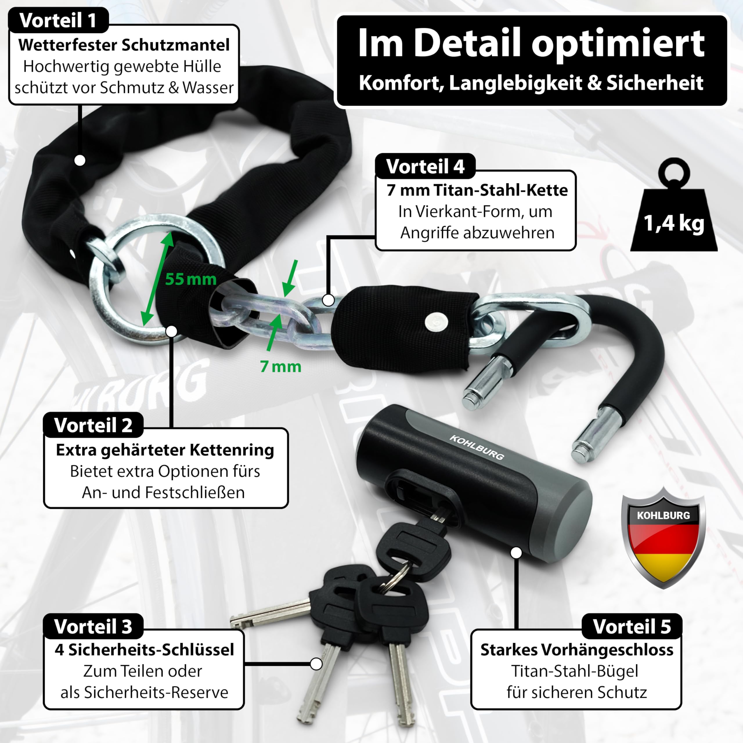 KOHLBURG Lucchetto a catena sicuro [7 mm di spessore in acciaio al titanio, con anello extra, lunghezza 85 cm, lucchetto per bicicletta con serratura extra con chiave [4 x] come lucchetto per