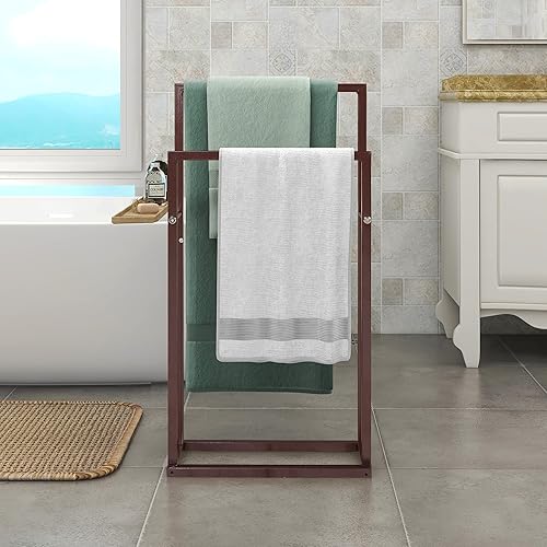 Miniatura 2 de BOFENG Toallero independiente de metal marrón de 2 niveles cromado, moderno estante de secado, organizador para toallas de mano, almacenamiento de