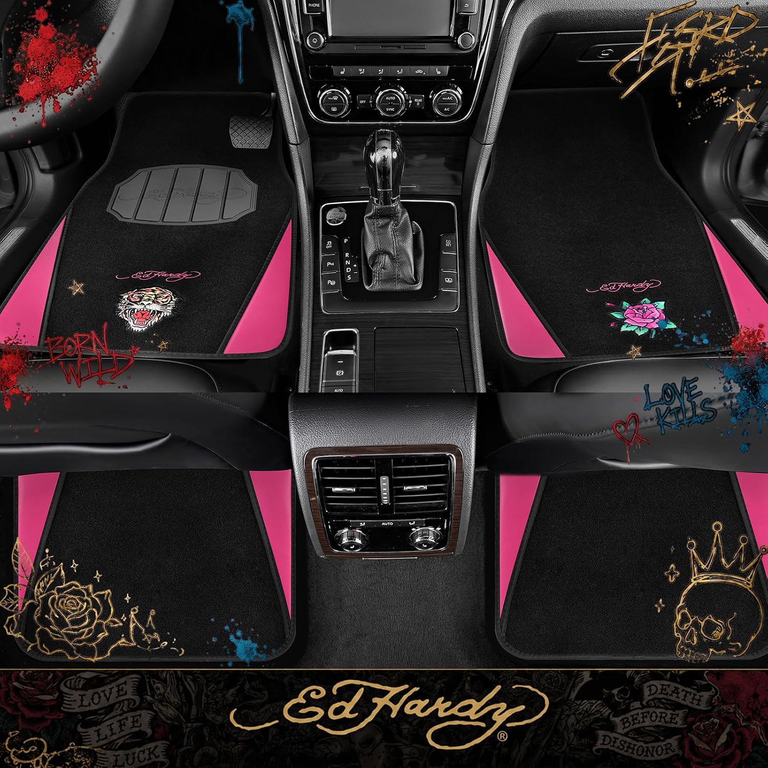 ED HARDY Tiger Print Car Floor Mats, Carpet Floor Mats with Hot Pink Leather Design, Automotive Car Mats with Built-in Heel Pad & Anti-Slip Backing, Fits Most Cars, SUVs & Trucks, Durable & Odorless