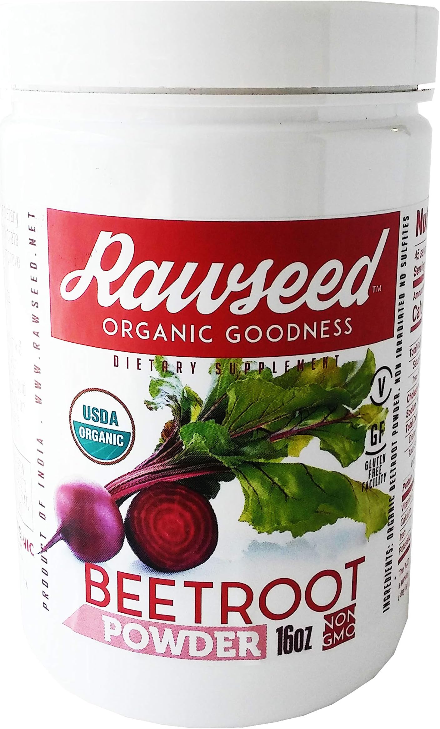 Rawseed Organic Beet Root Powder "Beta vulgaris" 1 Lb (16 oz) with a High Nitrate Content. Non - Irradiated Non-sulfites - No Anti Caking Ingredients-Vegan - Gluten Free - Product of India