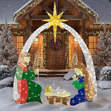 6 FT Nativity Scene Outdoor Christmas Decoration Lighted up Christmas Holiday Display, Nativity Scene Set with LED Lights Christmas Tree Decor, Birth of Jesus