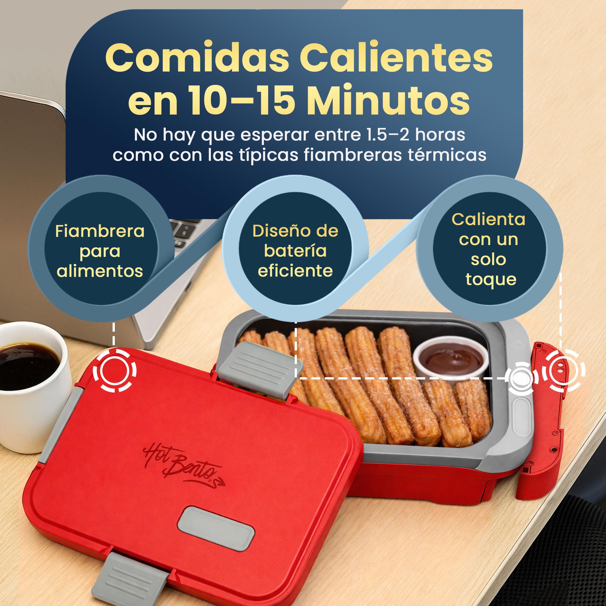 Hot Bento PLUS – Fiambrera Eléctrica Portátil y Autocalentable | Calienta Comida en 10 Min | Tupper Eléctrico para Trabajo, Oficina, Colegio y Viajes | 994 ml | Rojo Rubí