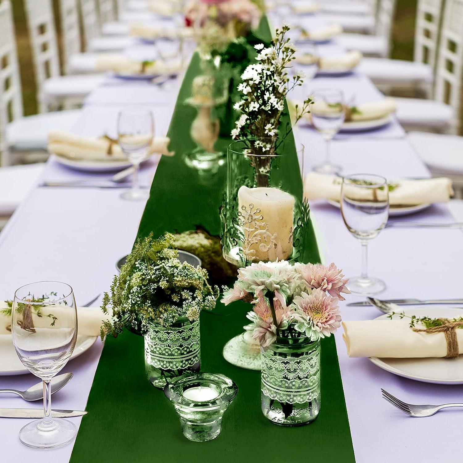 Ruisita 6 Pack Wedding Satin Table Runner 12 x 108 Inch Forest Green Long Bright Silk Wedding Dinner Party Table Runner for Wedding Banquet Birthday Party Decoration