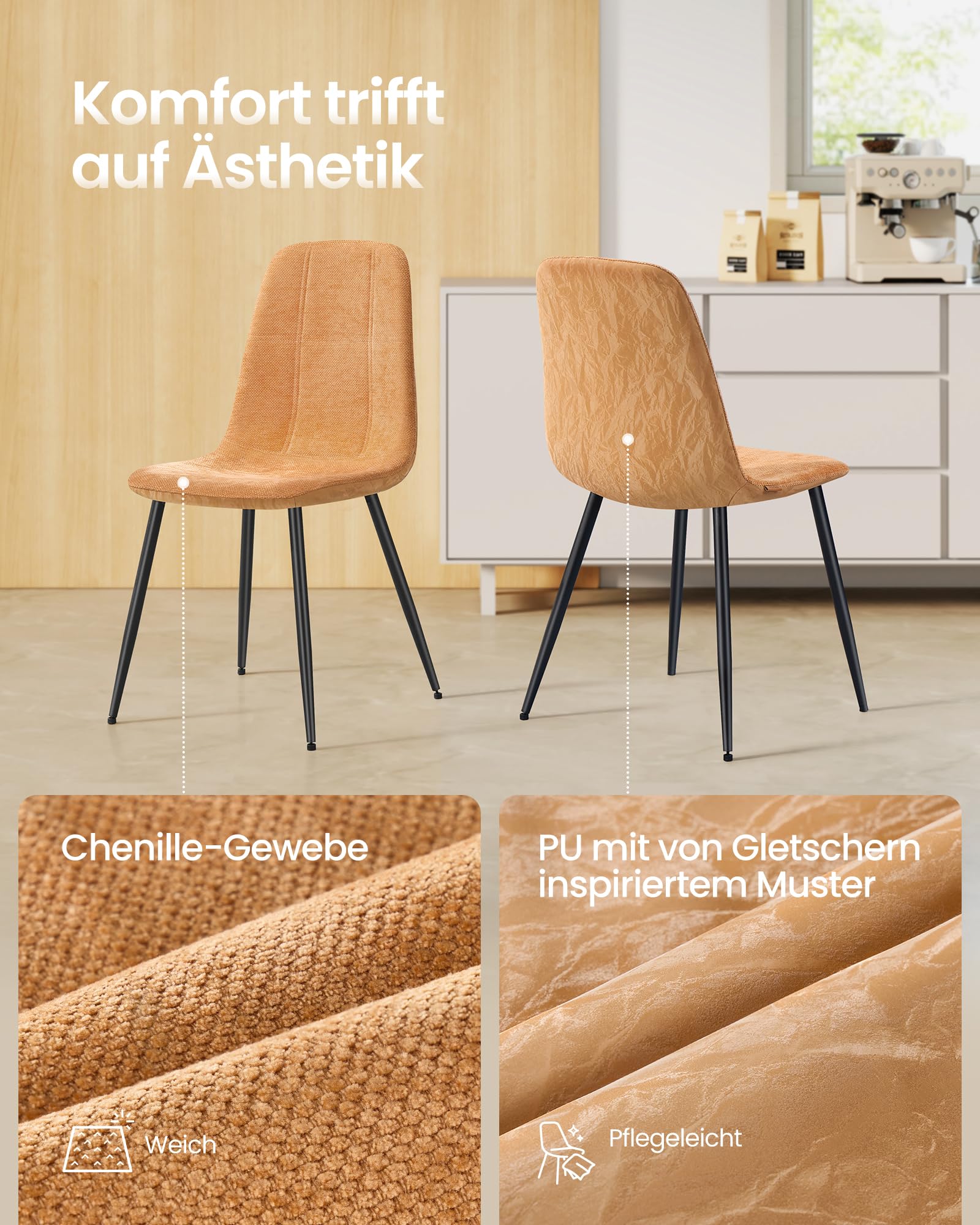 VASAGLE Esszimmerstuhl 4er Set, Küchenstuhl, Polsterstuhl, Metallbeine, verstellbare Füße, pflegeleicht, Chenille-Gewebe, PU mit von Gletschern inspiriertem Muster, karamellbraun KDC188K02