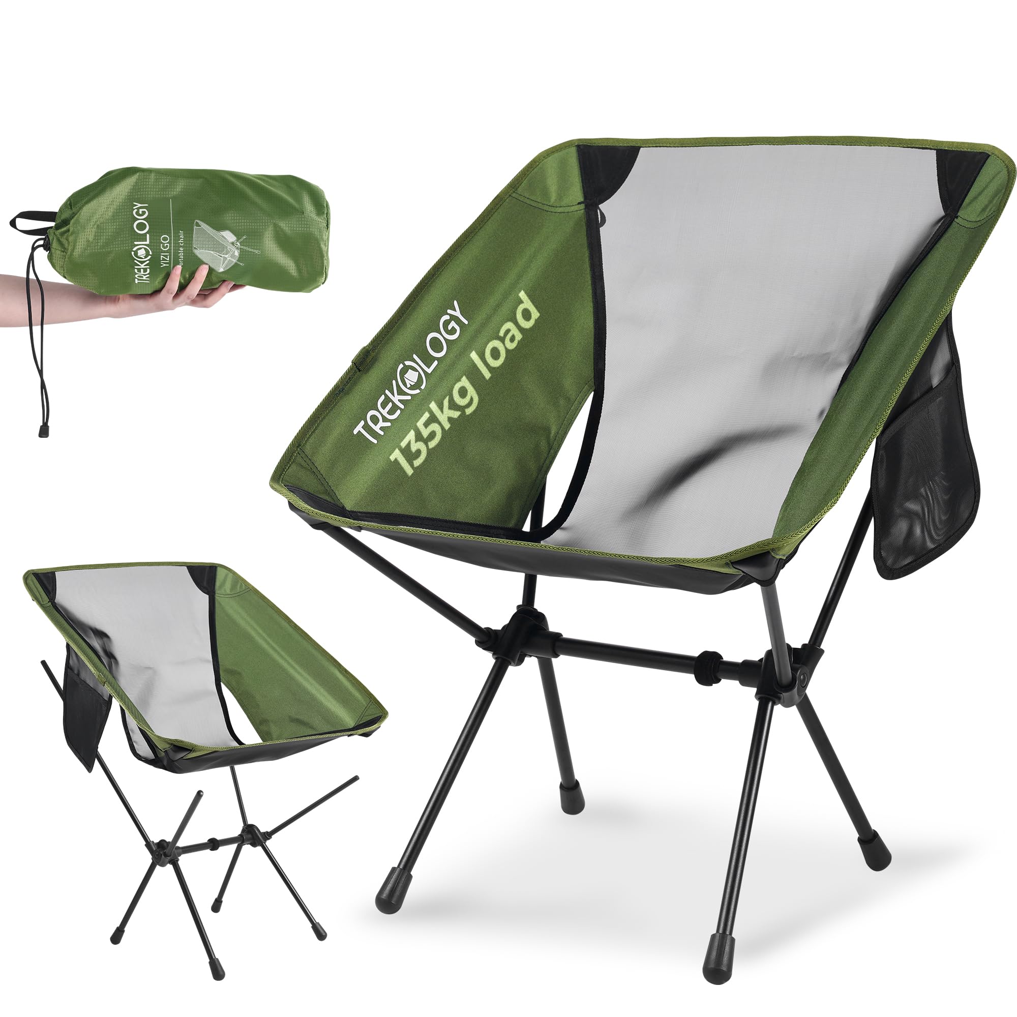 TREKOLOGY YIZI GO Camping Chair for Adult – Compact, Foldable, Lightweight 0.9 kg, 136 kg Capacity, Durable Aluminum, Quick Setup, Ideal for Backpacking, Beach, and Outdoor Adventures (Green)