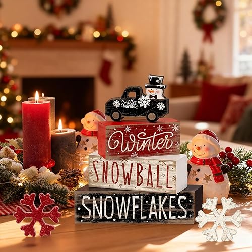 Miniatura 6 de Juego de 6 piezas de decoración de mesa de camión de muñeco de nieve de invierno, juego de decoración de bandeja escalonada de invierno con copos de