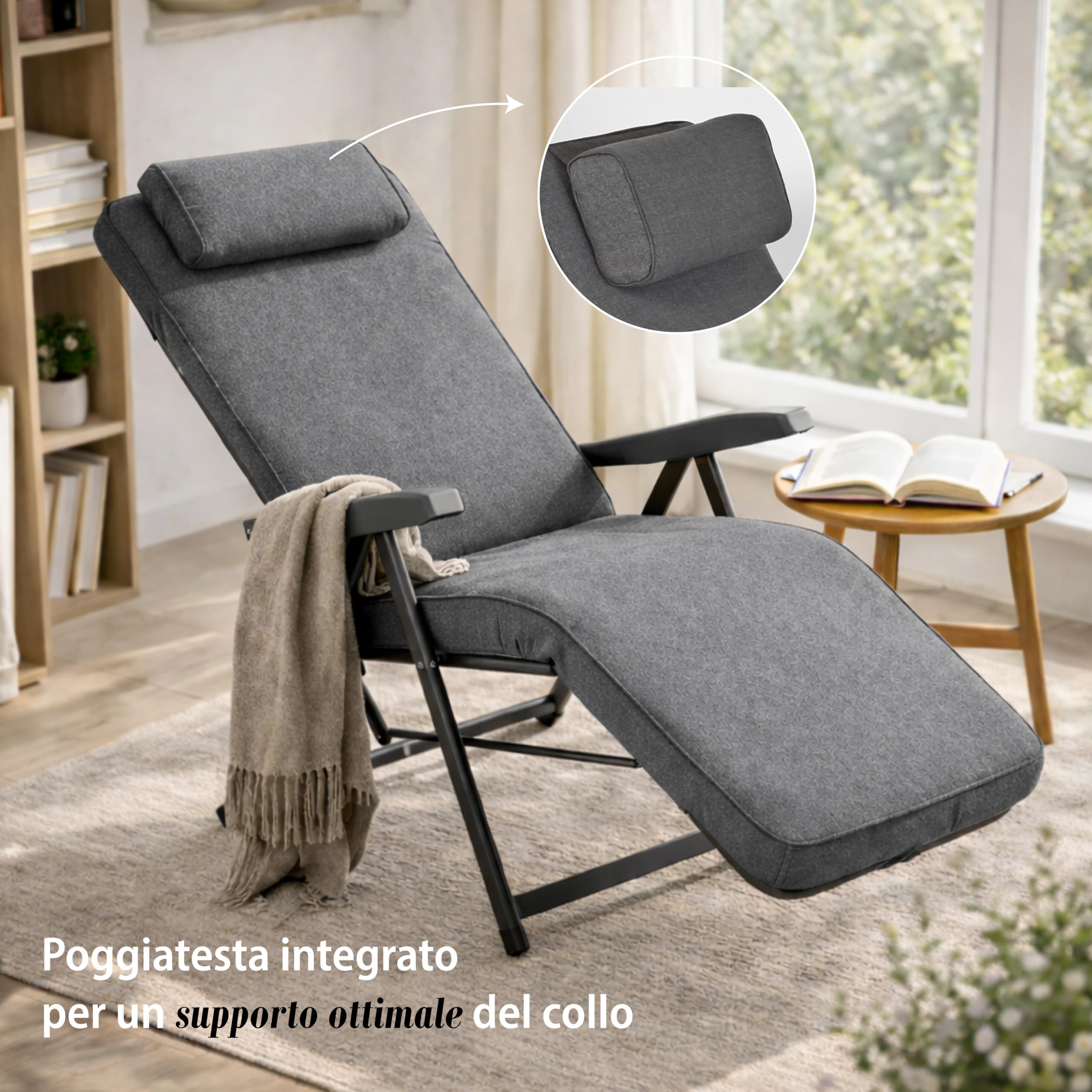 MA MAISON Poltrona Reclinabile Automatica Imbottita 154x60x65 cm - con Poggiatesta, 6 Posizioni, Braccioli Ergonomici, Struttura in Acciaio, Poggiapiedi, per Interno, Esterno - Made in Italy GRIGIO