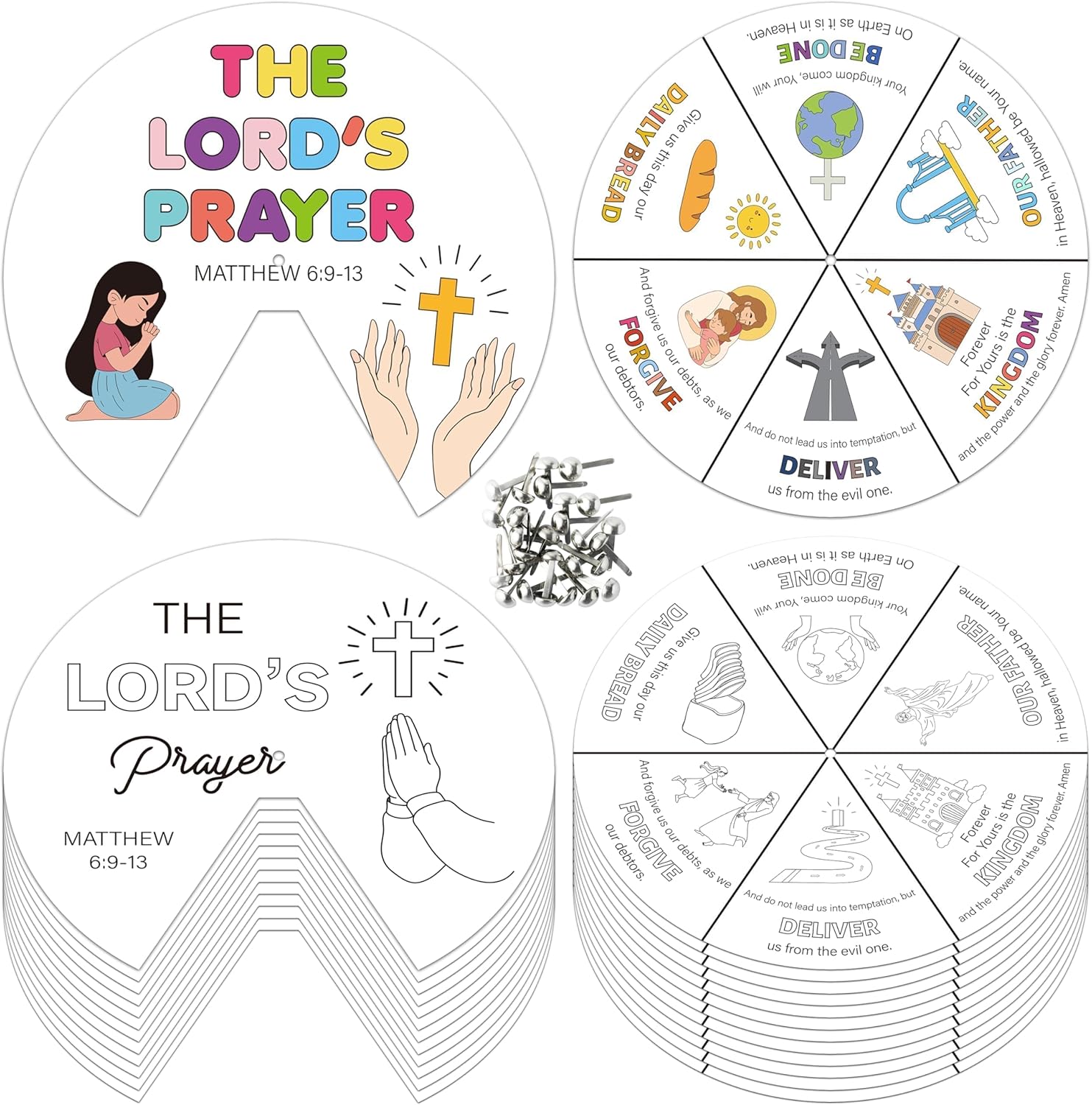AsodSway Summer Christian Paper Crafts - 72P Religious The Lord's Prayer Coloring Wheel Crafts, Make Your Own Prayer Jesus Coloring Wheel Cards Sunday School DIY Art Activities Birthday Gift for Kids